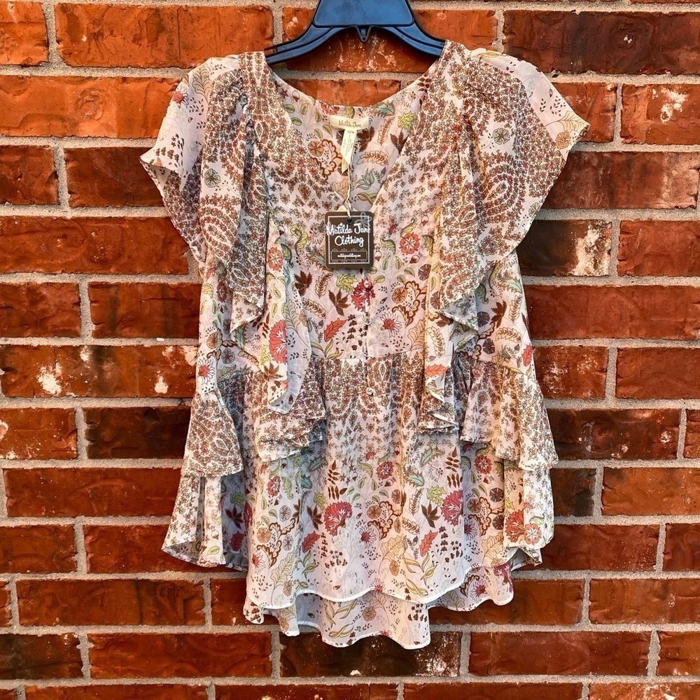 Matilda Jane Womens XS Fly By Top Boho Paisley Flutter Sleeve Tiered Blouse